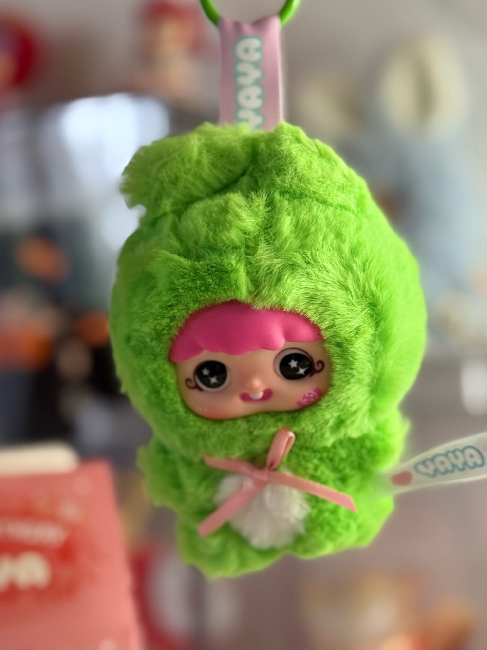 Yaya one year anniversary green Plush Doll Keychain with Pink Face